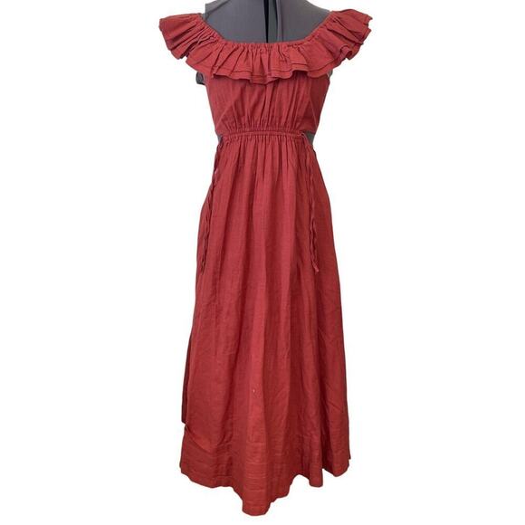 NWT Cleobella Daria Rust Off Shoulder Ruffle Cotton Linen Midi Dress • Size XS - Picture 2 of 3